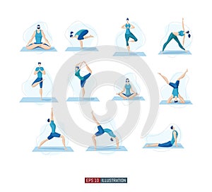 Yoga poses set. Yoga Lifestyle. Man and woman doing yoga. Activity. Fitness. Template for your design works. Vector graphics.